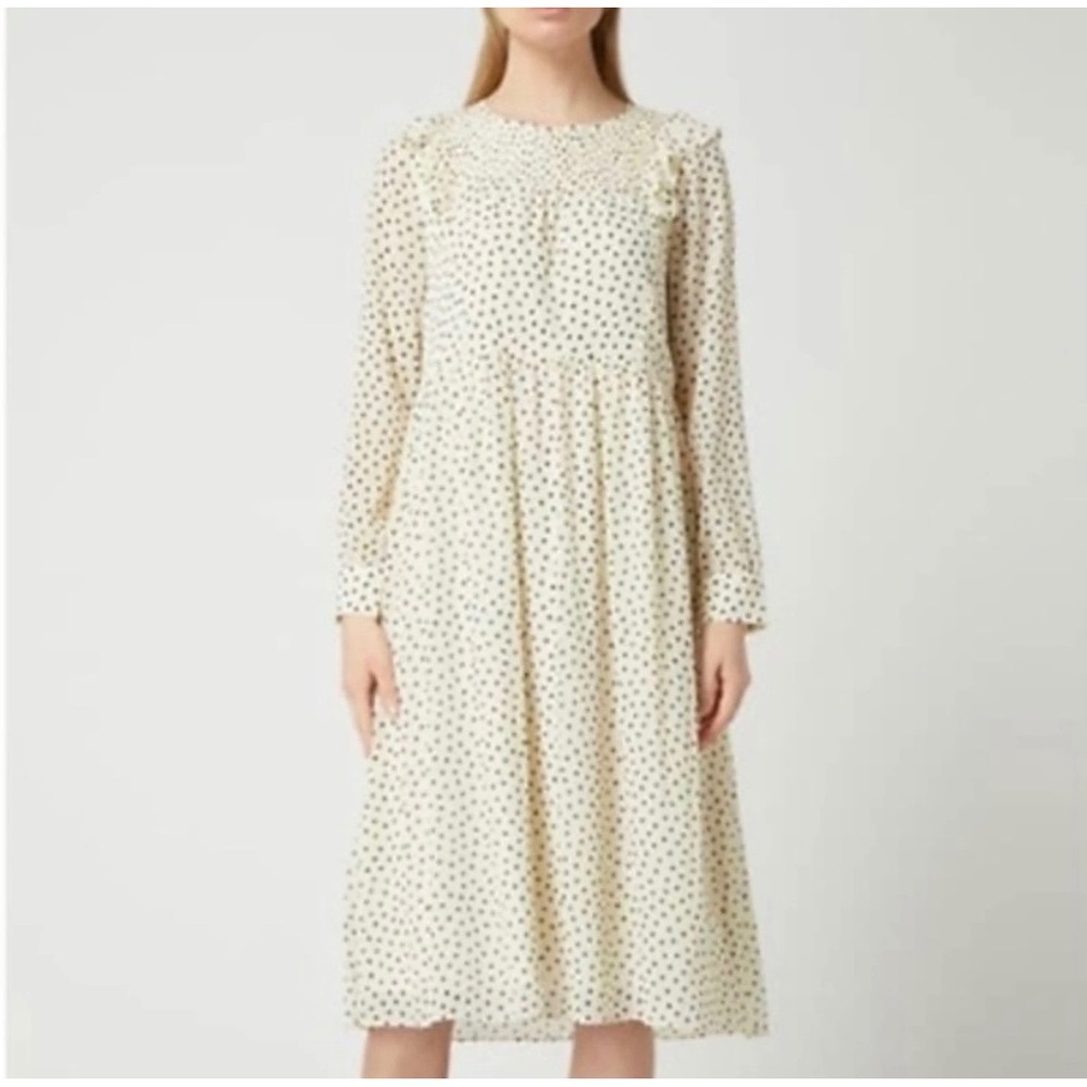 Madewell Lucie Smocked Ruffle Midi Dress Ivory Black Polka Dot Long Sleeve M